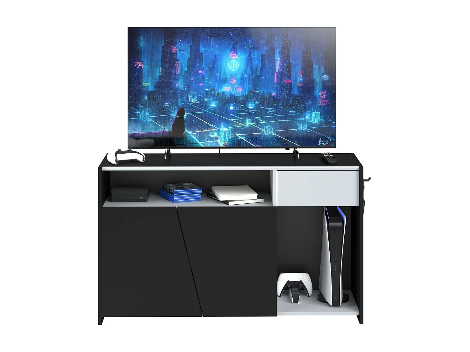 Mueble TV TexGen Negro/Gris 2 Puertas, 1 Cajón 113x67x40 cm