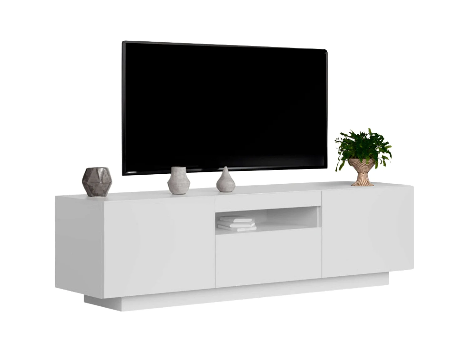 Meuble TV Sami pour salon, 1 tiroir, 2 portes, blanc creux, 150 x 42 x 37 cm
