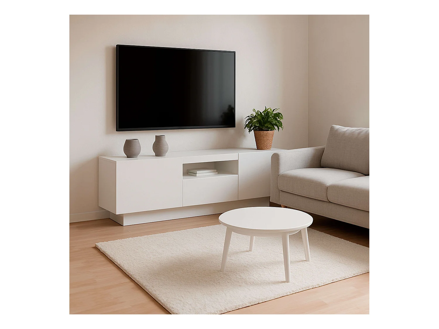 Meuble TV Sami pour salon, 1 tiroir, 2 portes, blanc creux, 150 x 42 x 37 cm