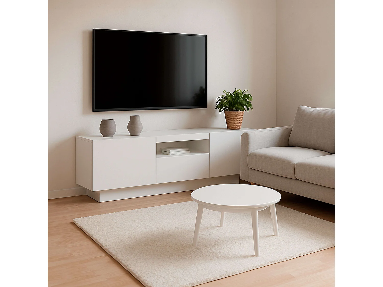Meuble TV Sami pour salon, 1 tiroir, 2 portes, blanc creux, 150 x 42 x 37 cm