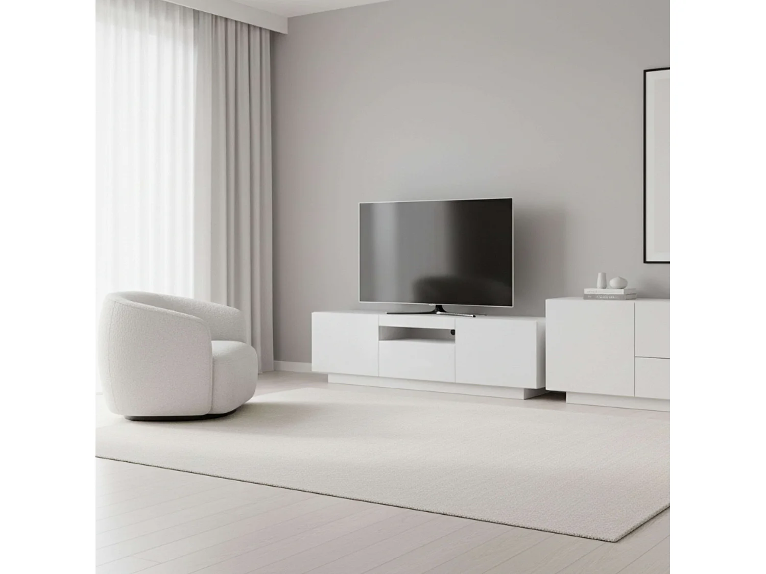 Meuble TV Sami pour salon, 1 tiroir, 2 portes, blanc creux, 150 x 42 x 37 cm