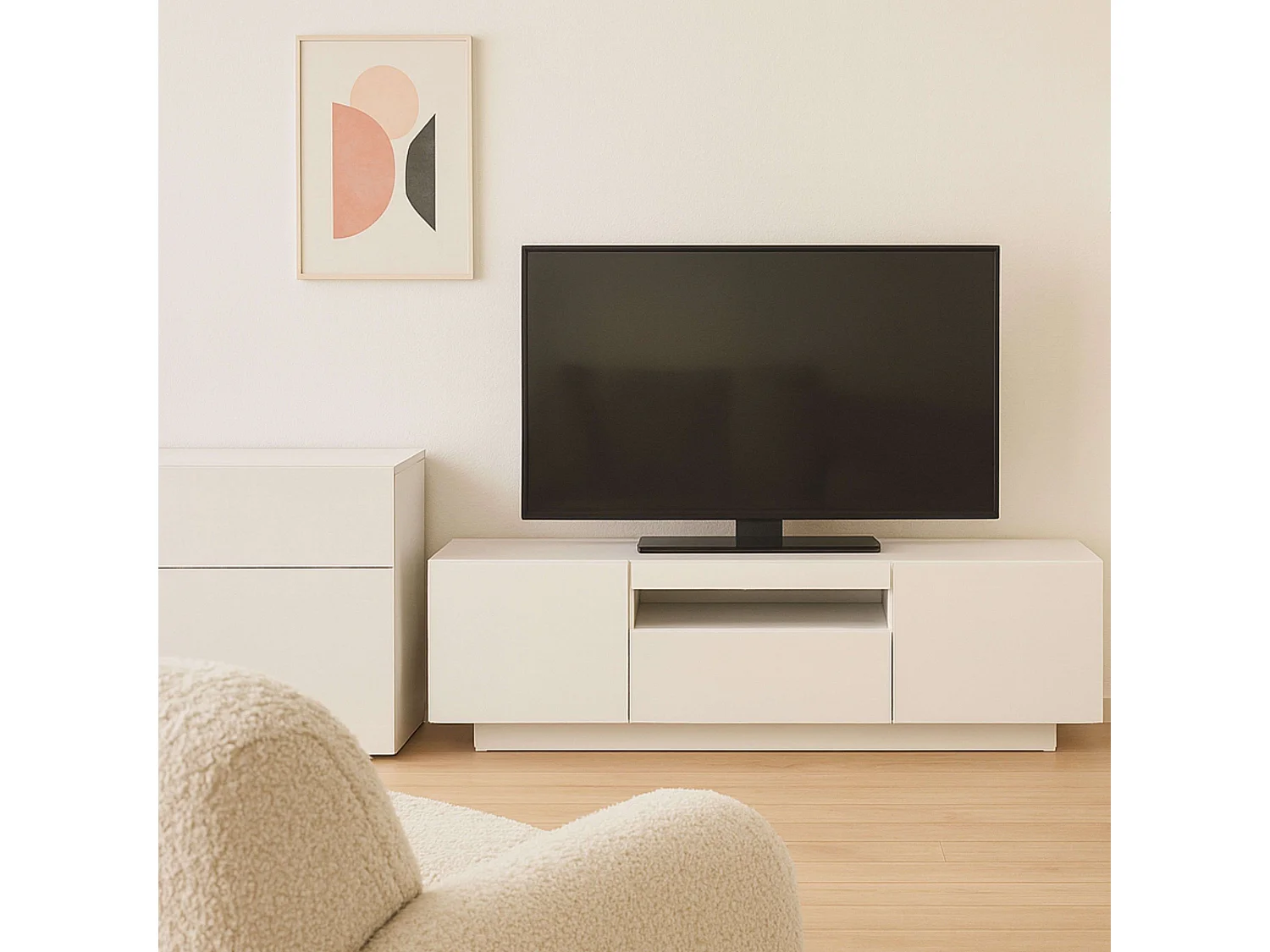 Meuble TV Sami pour salon, 1 tiroir, 2 portes, blanc creux, 150 x 42 x 37 cm
