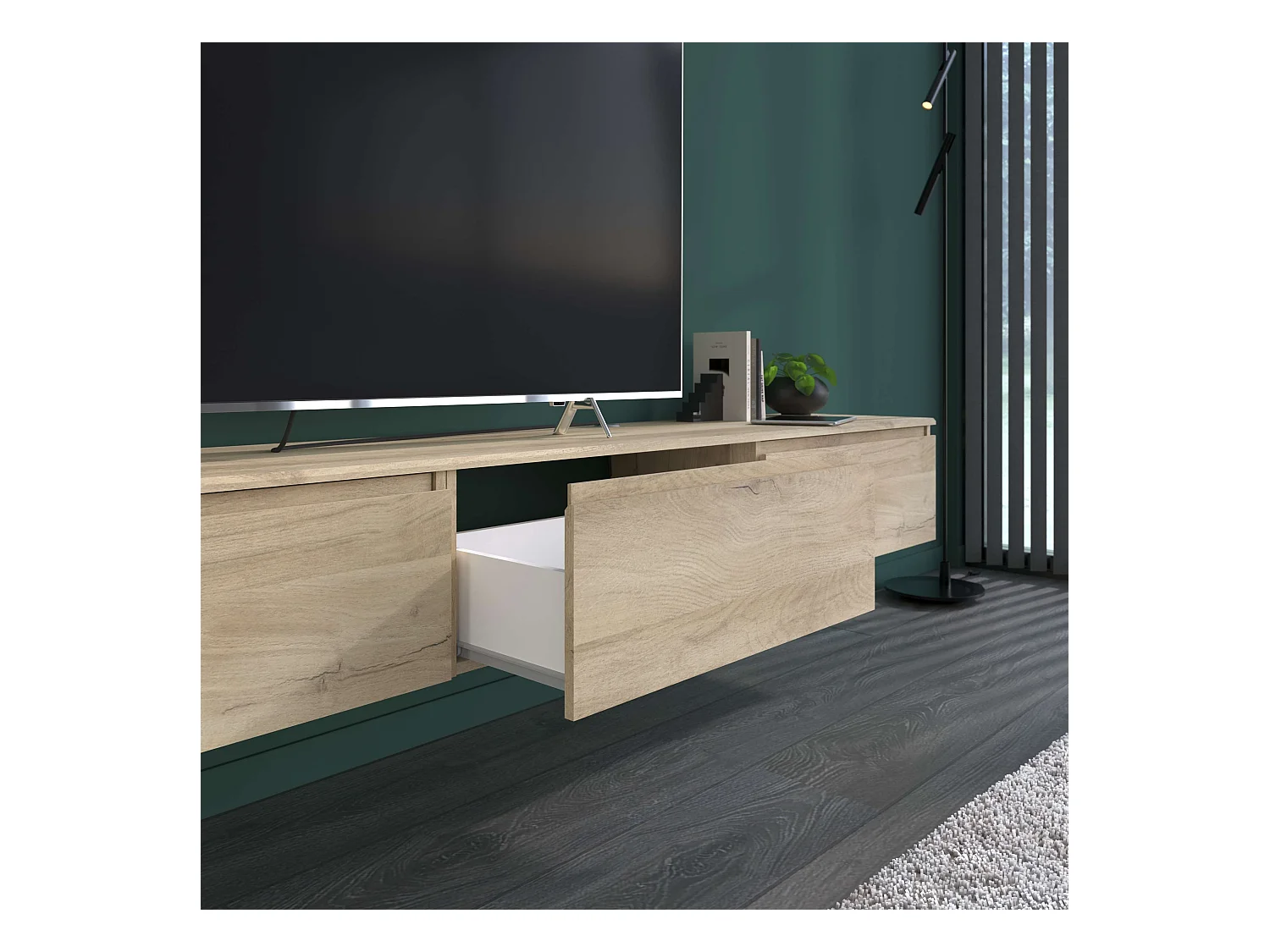 Meuble TV suspendu Erebus, chêne Kronberg, mélaminé, 138 x 29 x 40 cm