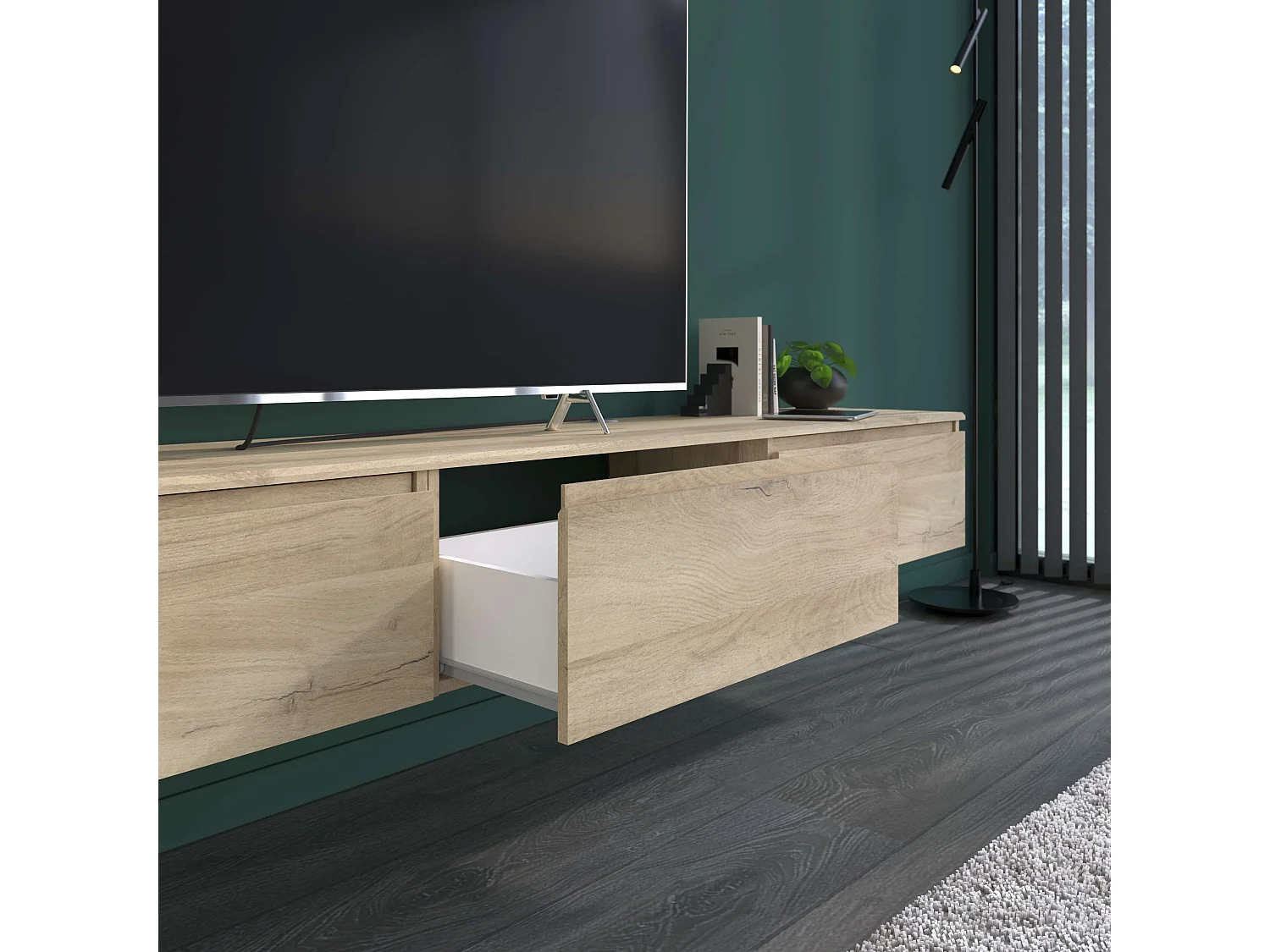 Móvel de TV suspenso Erebus, carvalho Kronberg, melamina, 138 x 29 x 40 cm