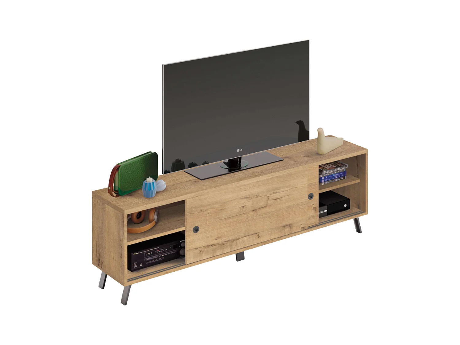 Meuble TV Kamet avec 2 portes coulissantes, chêne doré industriel, 52 x 160 x 40 cm