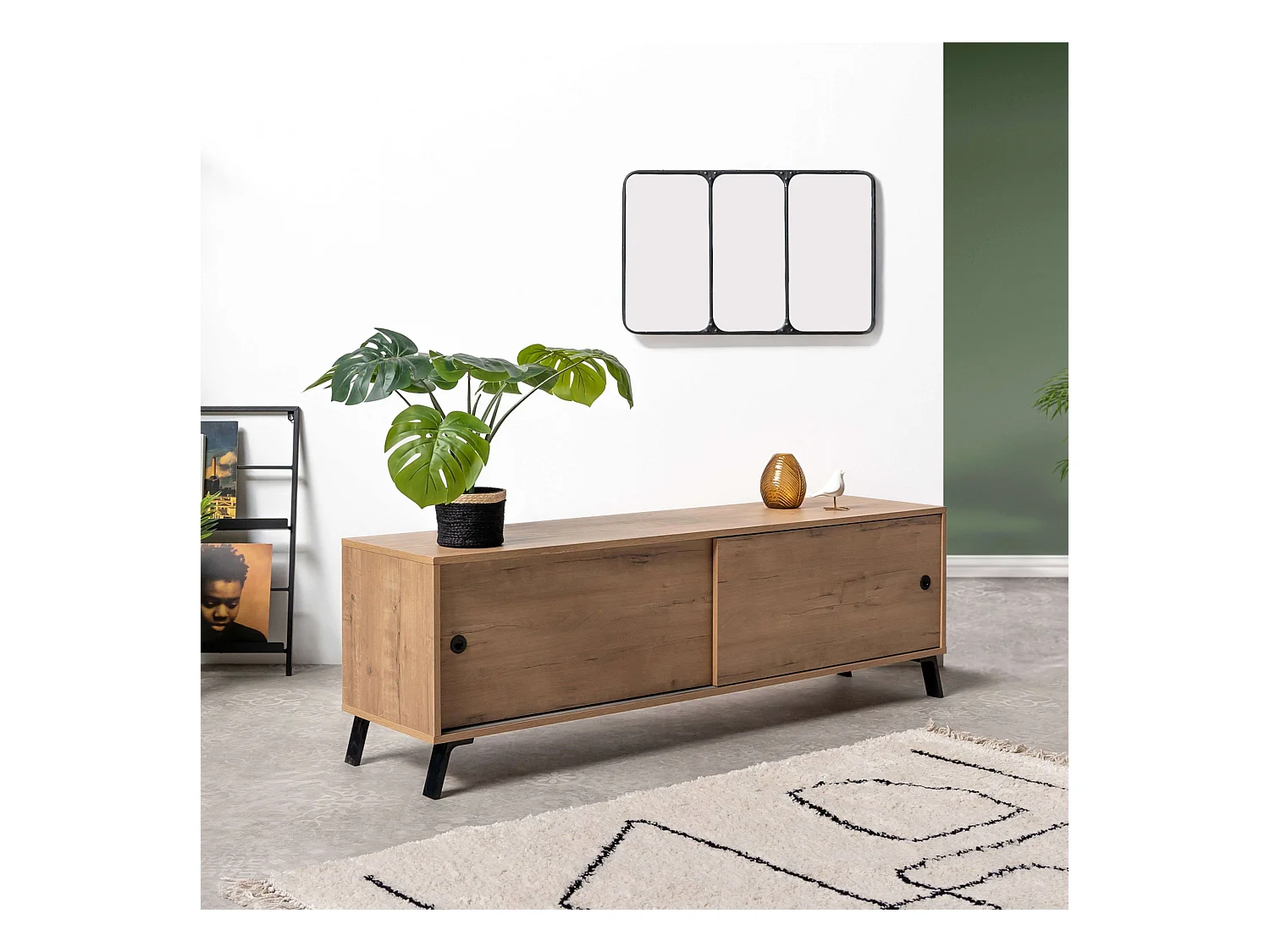 Meuble TV Kamet avec 2 portes coulissantes, chêne doré industriel, 52 x 160 x 40 cm