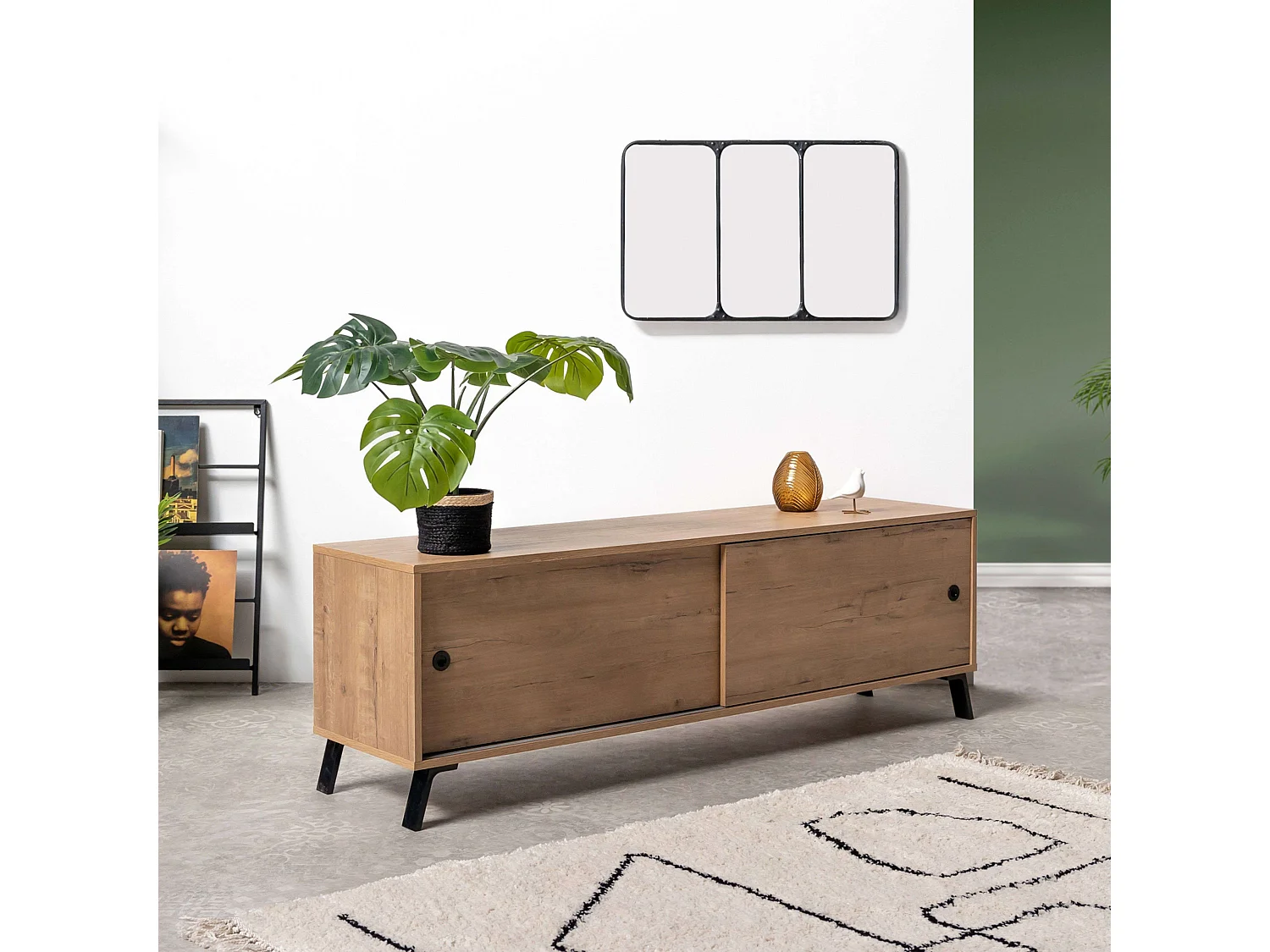 Meuble TV Kamet avec 2 portes coulissantes, chêne doré industriel, 52 x 160 x 40 cm