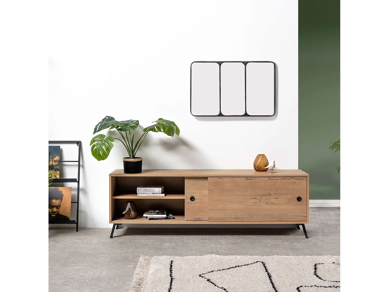 Meuble TV Kamet avec 2 portes coulissantes, chêne doré industriel, 52 x 160 x 40 cm
