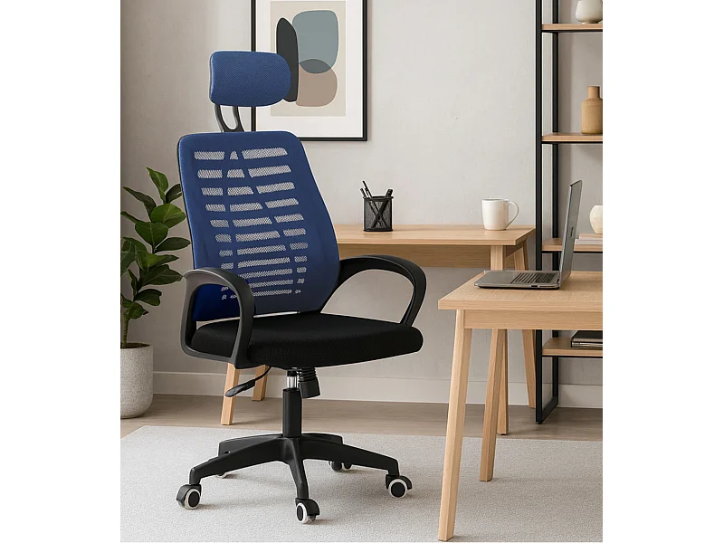 Silla de escritorio de 106-116x59x56 cm con reposacabezas regulable en color azul Ken