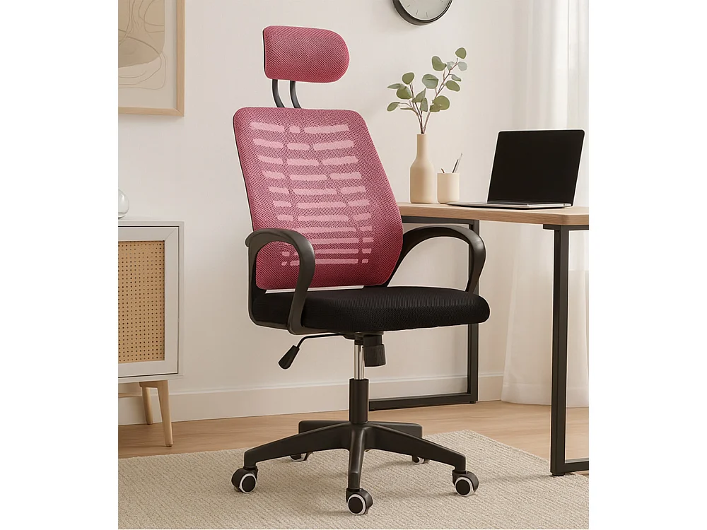 Silla de escritorio de 106-116x59x56 cm con reposacabezas regulable en color rosa Ken