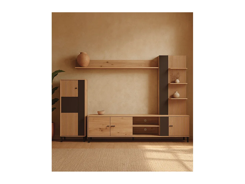 Mueble de salón de 167x263x40 cm en tablero de melamina aglomerado en roble y negro Avion