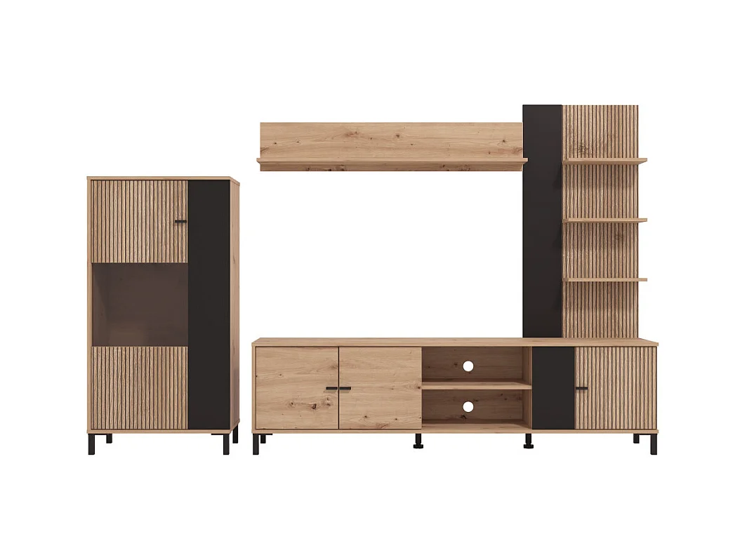 Mueble de salón de 167x263x40 cm en tablero de melamina aglomerado en roble y negro Avion