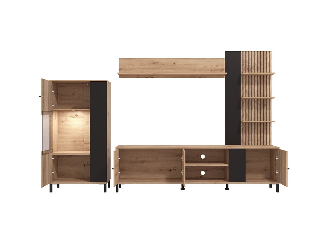 Mueble de salón de 167x263x40 cm en tablero de melamina aglomerado en roble y negro Avion