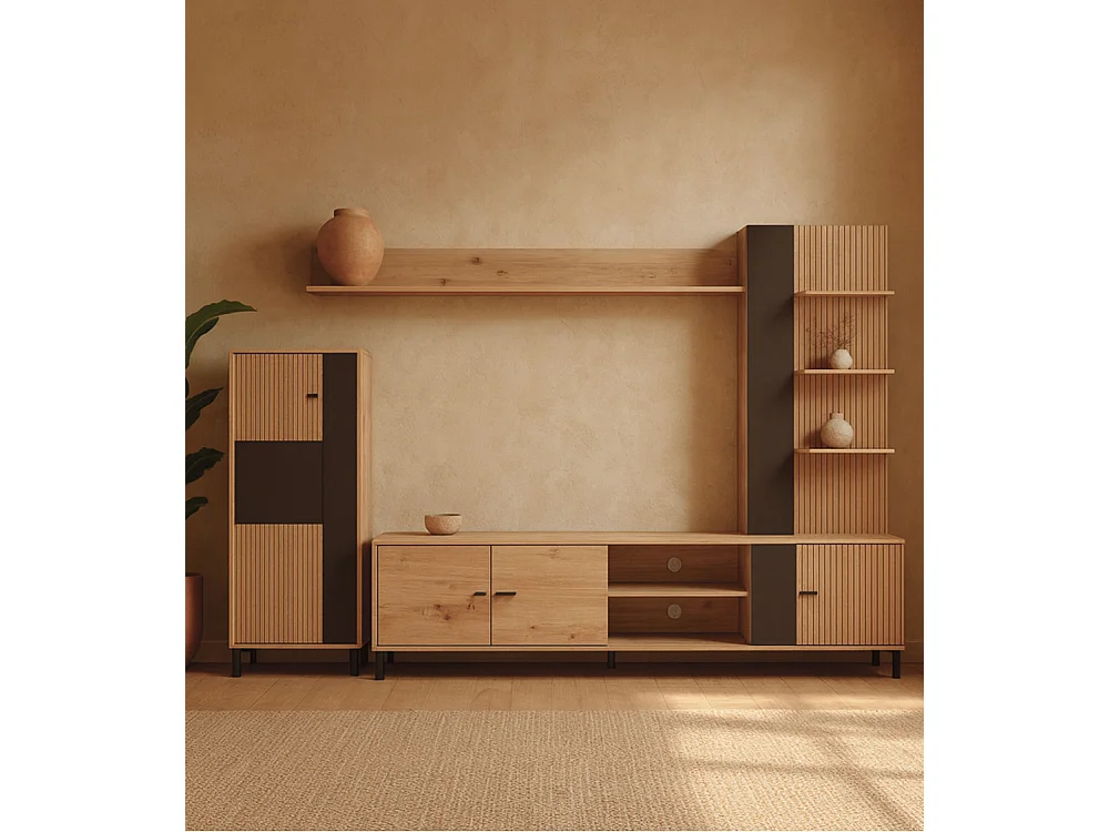 Mueble de salón de 167x263x40 cm en tablero de melamina aglomerado en roble y negro Avion