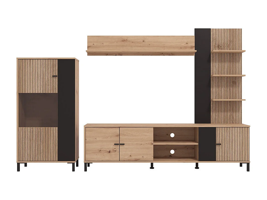 Mueble de salón de 167x263x40 cm en tablero de melamina aglomerado en roble y negro Avion