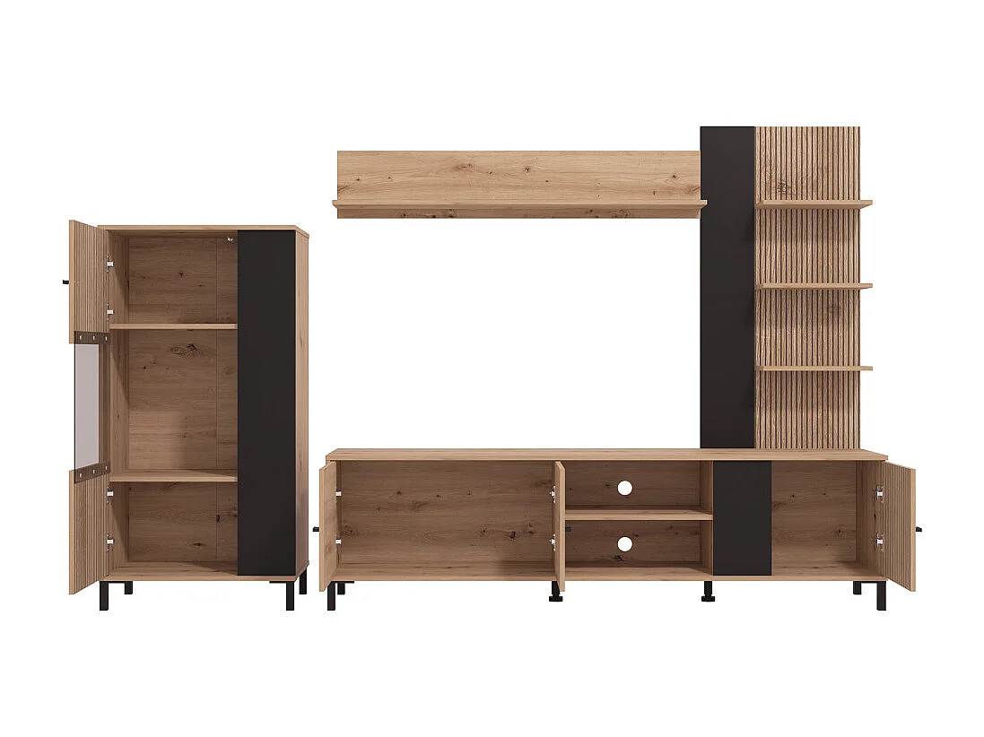 Mueble de salón de 167x263x40 cm en tablero de melamina aglomerado en roble y negro Avion