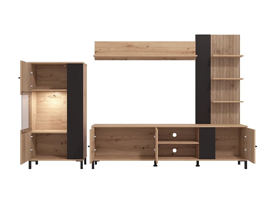 Mueble de salón de 167x263x40 cm en tablero de melamina aglomerado en roble y negro Avion