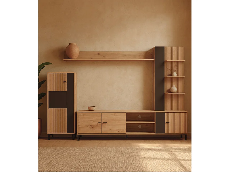 Mueble de salón de 167x263x40 cm en tablero de melamina aglomerado en roble y negro Avion