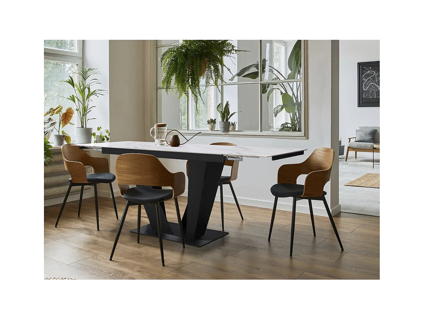 Table à manger extensible en céramique - 160/240 cm - 6 à 10 personnes "Nova" - Blanc marbré gold