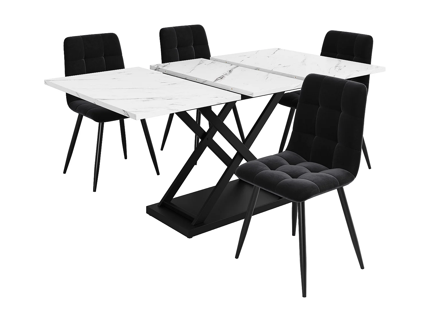 Ensemble table et chaises 120/160x80x75 cm + 4 chaises en velours noir - pieds en métal noir