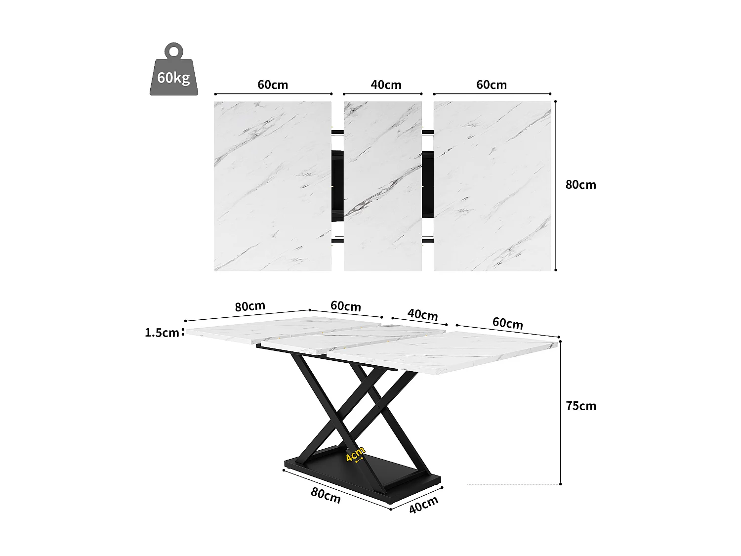 Ensemble table et chaises 120/160x80x75 cm + 4 chaises en velours noir - pieds en métal noir