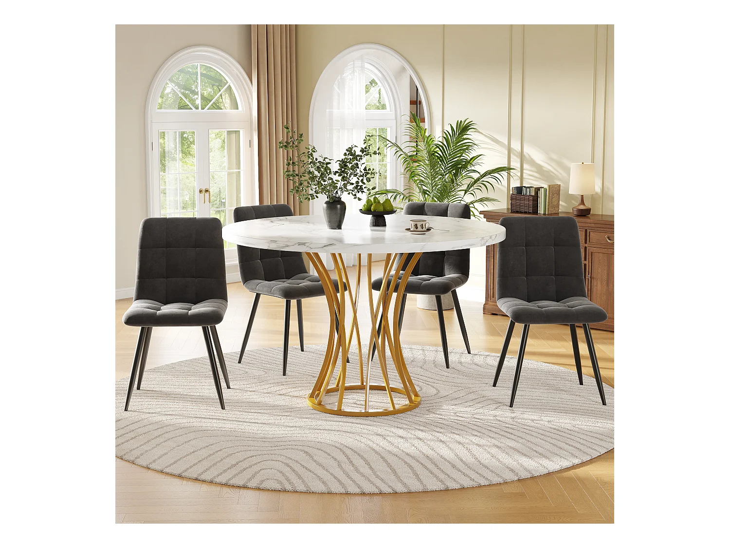 Ensemble table a manger 80x80x76 cm + 4 chaises en velours gris - pieds en métal doré