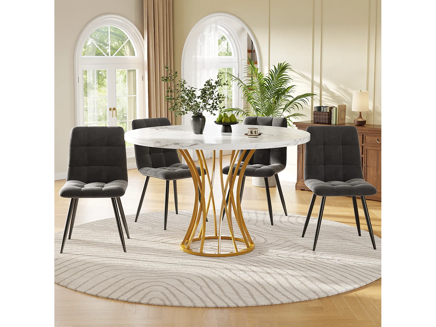 Ensemble table a manger 80x80x76 cm + 4 chaises en velours gris - pieds en métal doré