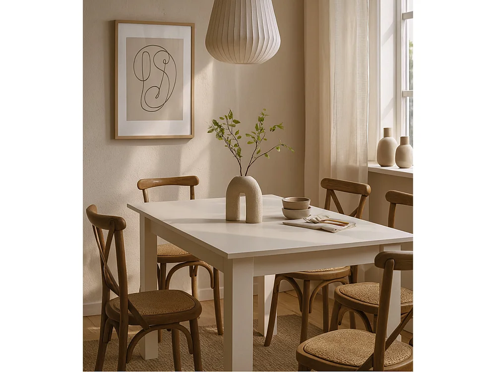 Mesa de comedor extensible de 75x80x140-180 cm con patas en forma de L en color blanco Uki