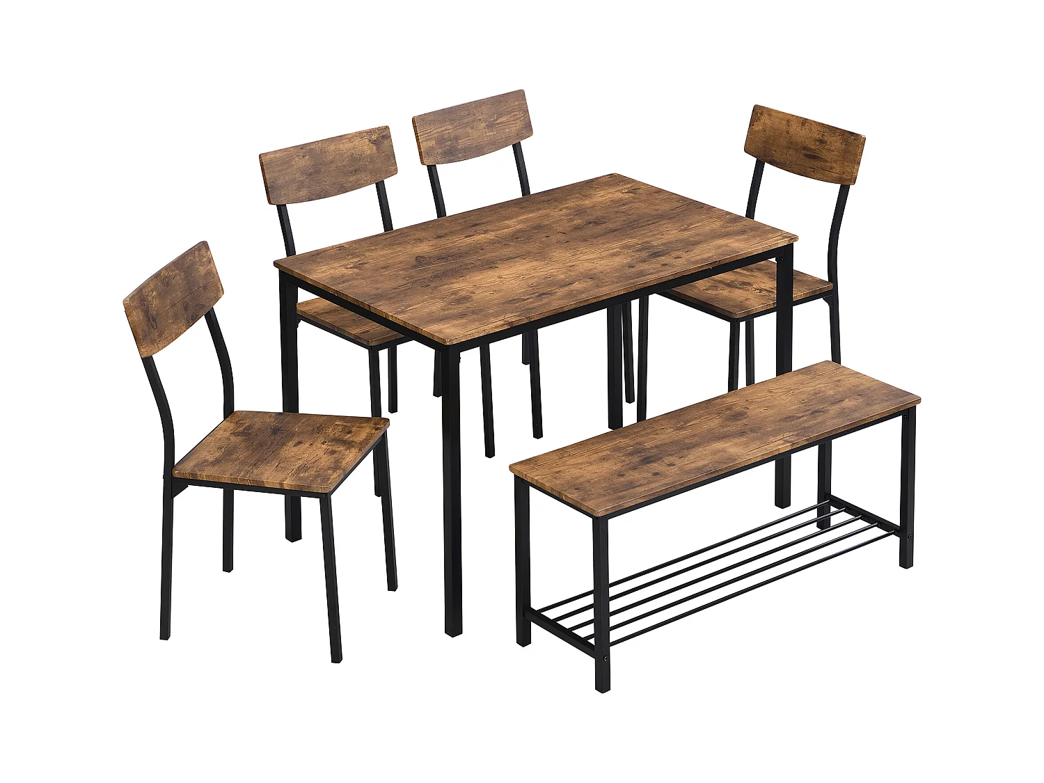 Ensemble table a manger 110x70x75 cm + 6 chaises en bois marron - pieds en métal noir