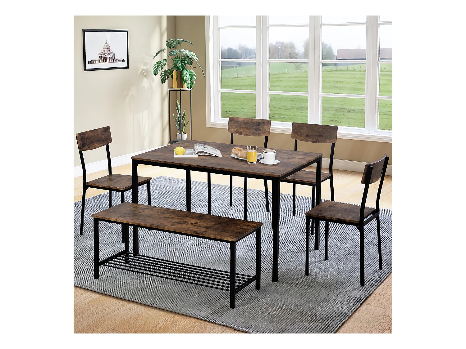 Ensemble table a manger (110x70x75 cm) + 6 chaises en bois marron - pieds en métal noir
