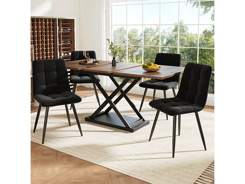 Conjunto de mesa de comedor extensible (120-160x80x75 cm) + 4 sillas de terciopelo negro - patas de metal negro