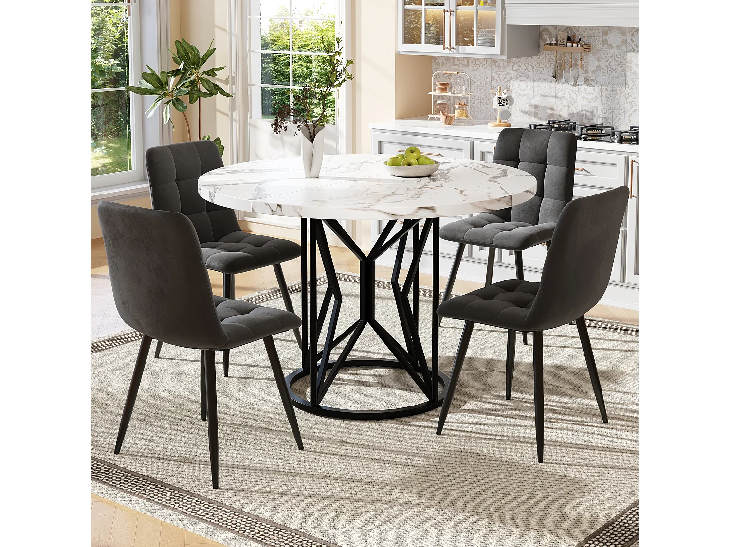 Ensemble table a manger 100x100x76 cm + 4 chaises en velours gris - pieds en métal noir