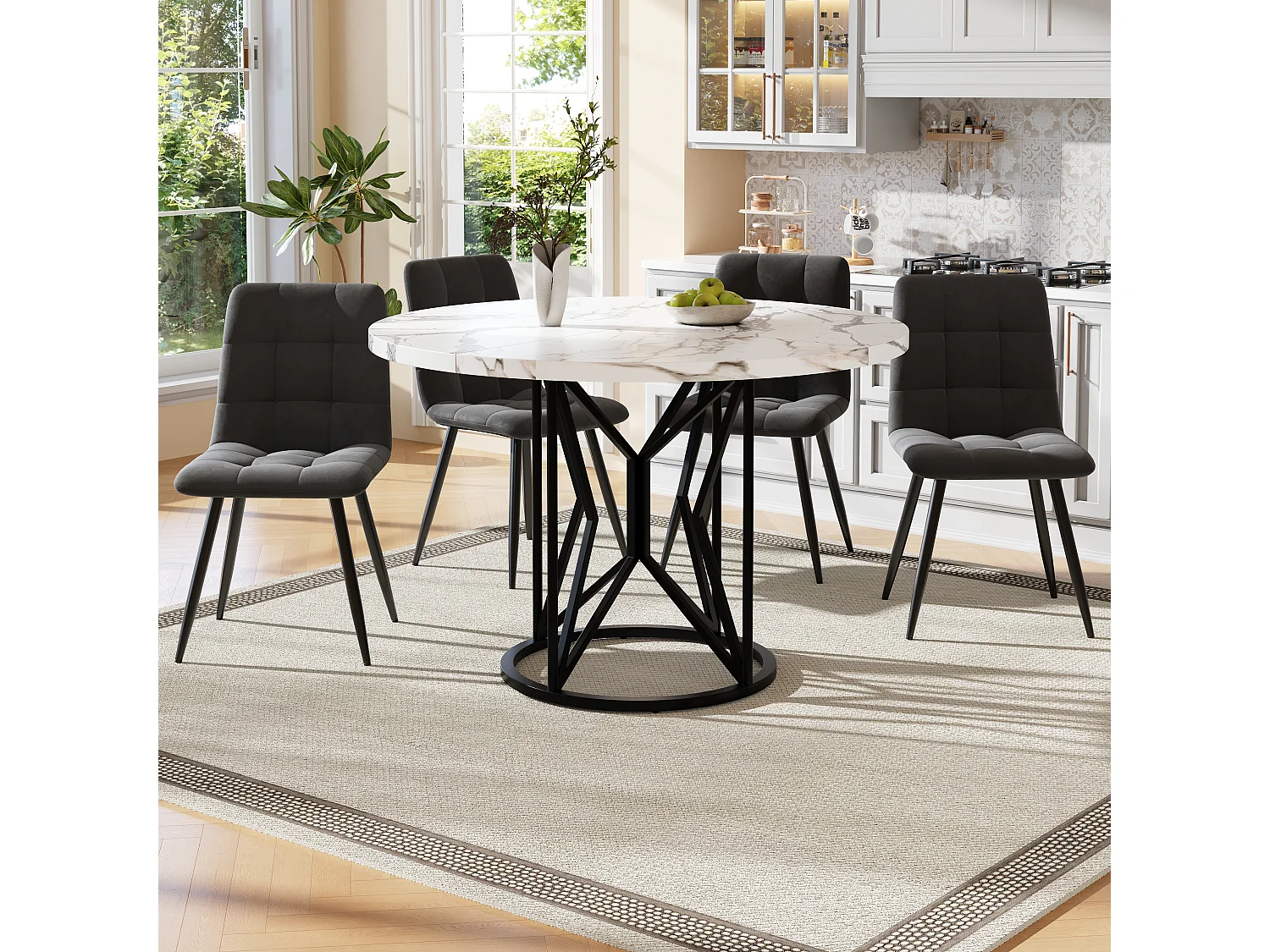 Ensemble table a manger 100x100x76 cm + 4 chaises en velours gris - pieds en métal noir