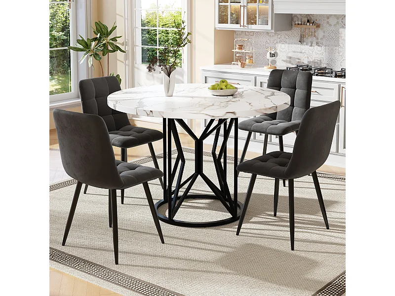 Ensemble table a manger 100x100x76 cm + 4 chaises en velours gris - pieds en métal noir