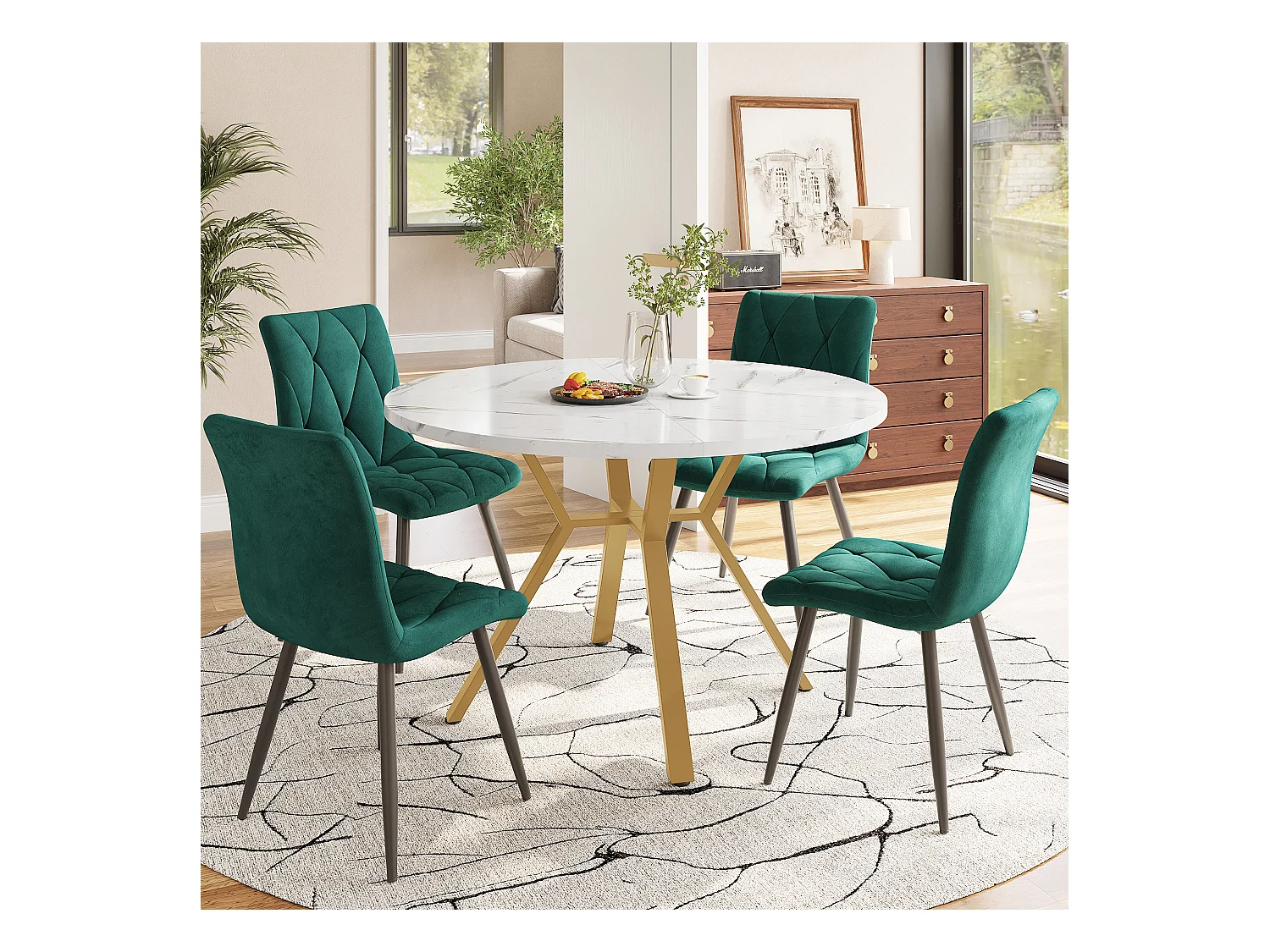 Ensemble table a manger 100x100x75 cm + 4 chaises en velours vert - pieds en métal doré