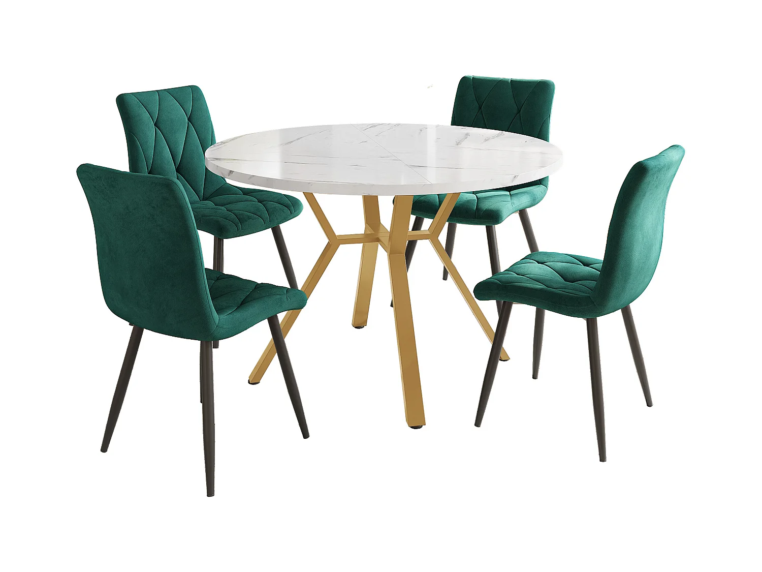 Ensemble table a manger 100x100x75 cm + 4 chaises en velours vert - pieds en métal doré