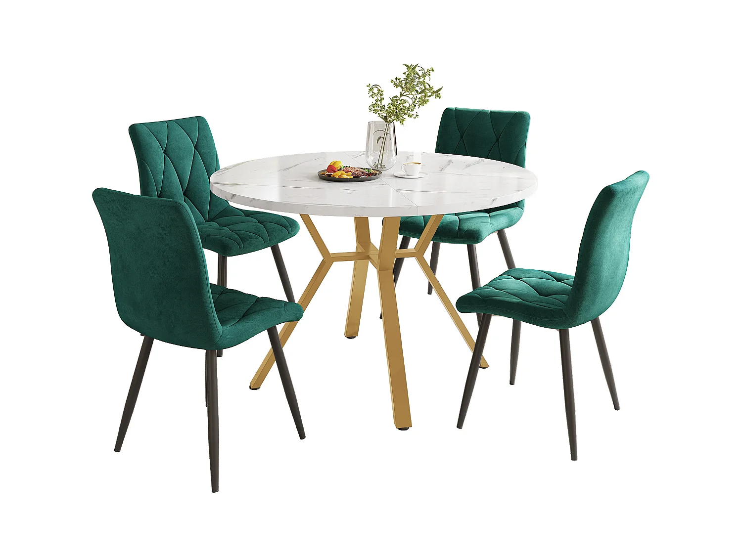 Ensemble table a manger 100x100x75 cm + 4 chaises en velours vert - pieds en métal doré
