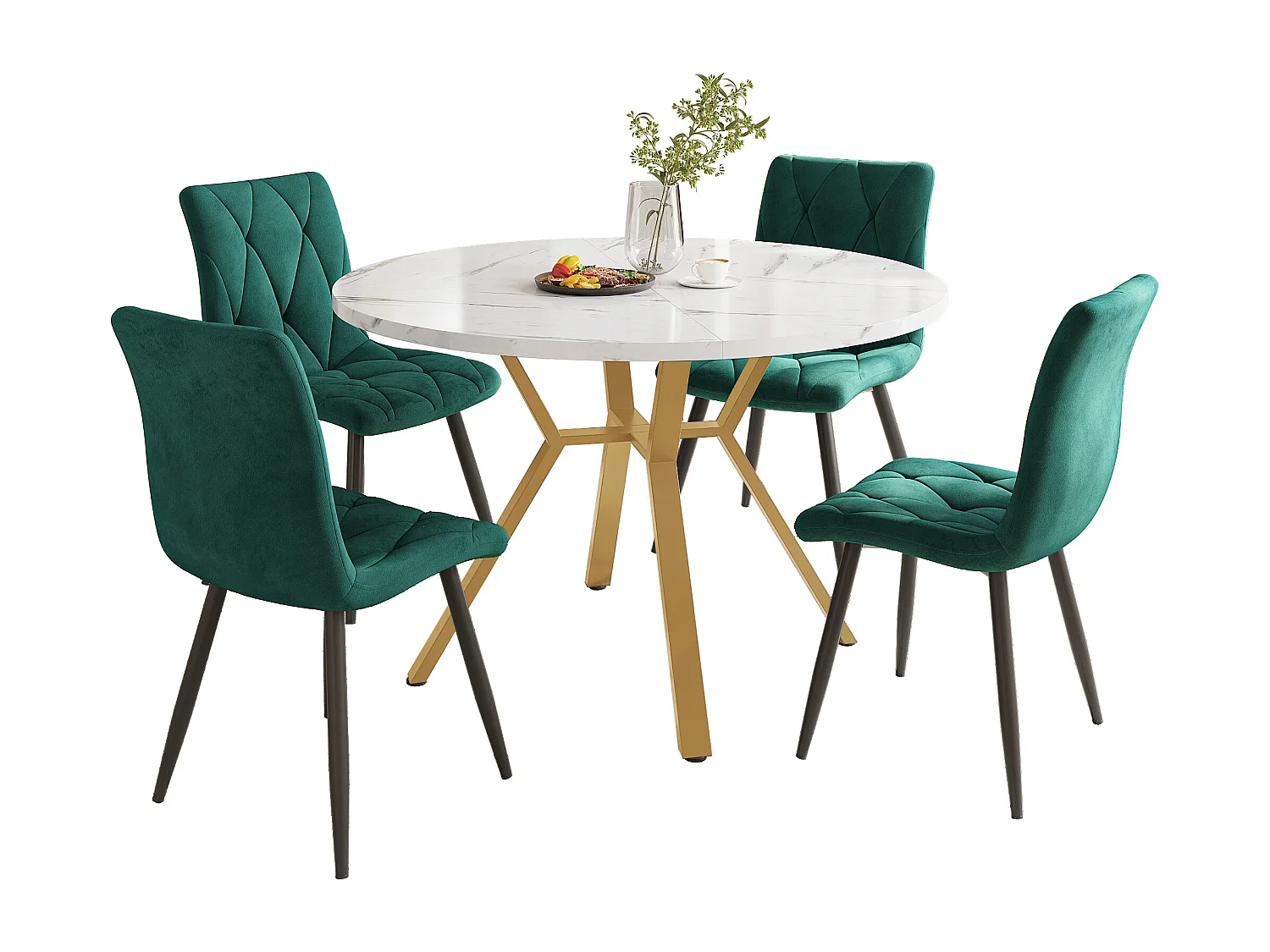 Ensemble table a manger 100x100x75 cm + 4 chaises en velours vert - pieds en métal doré