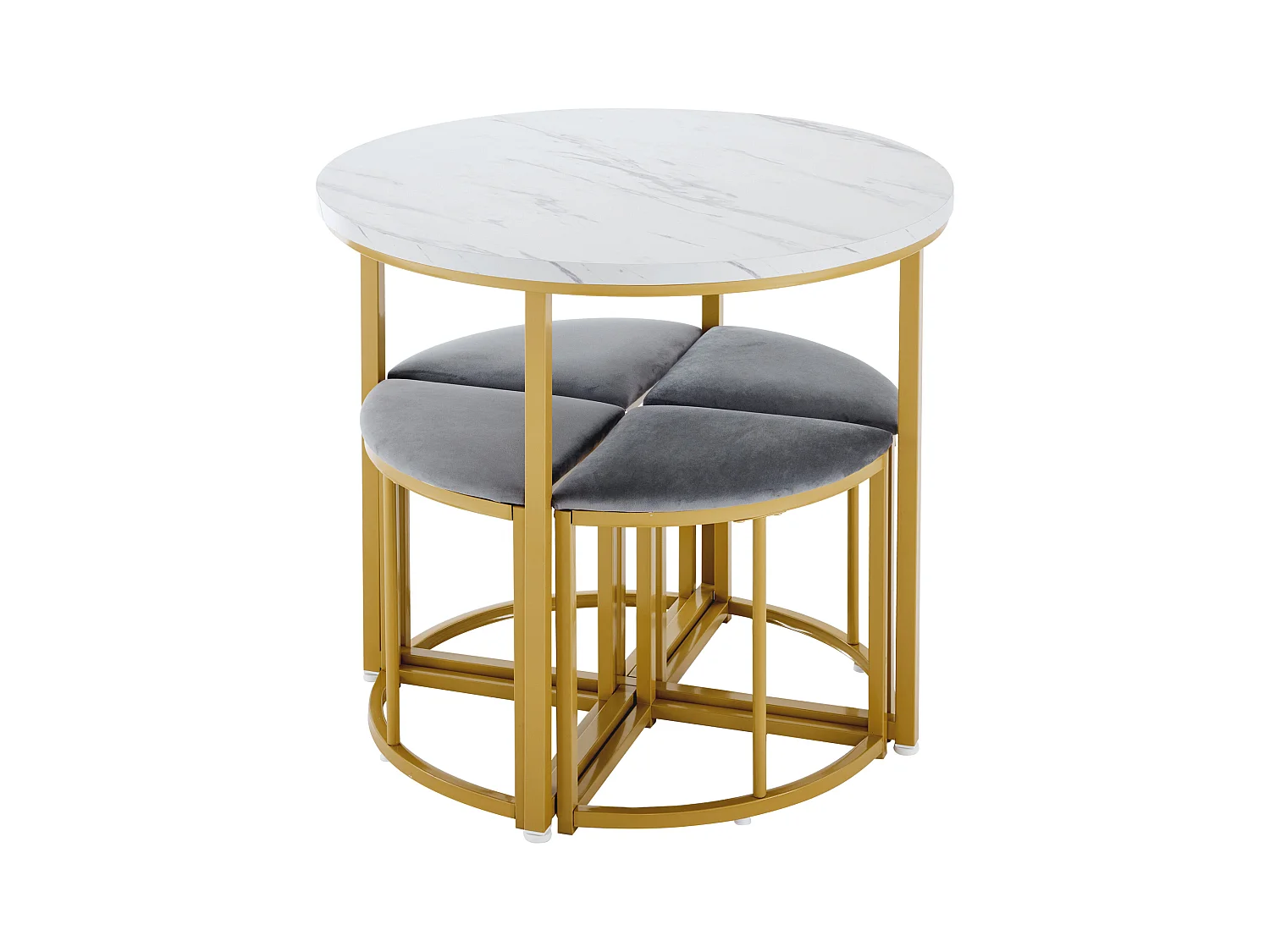 Ensemble table a manger 80x80x75 cm + 4 chaises en velours gris - pieds en métal doré