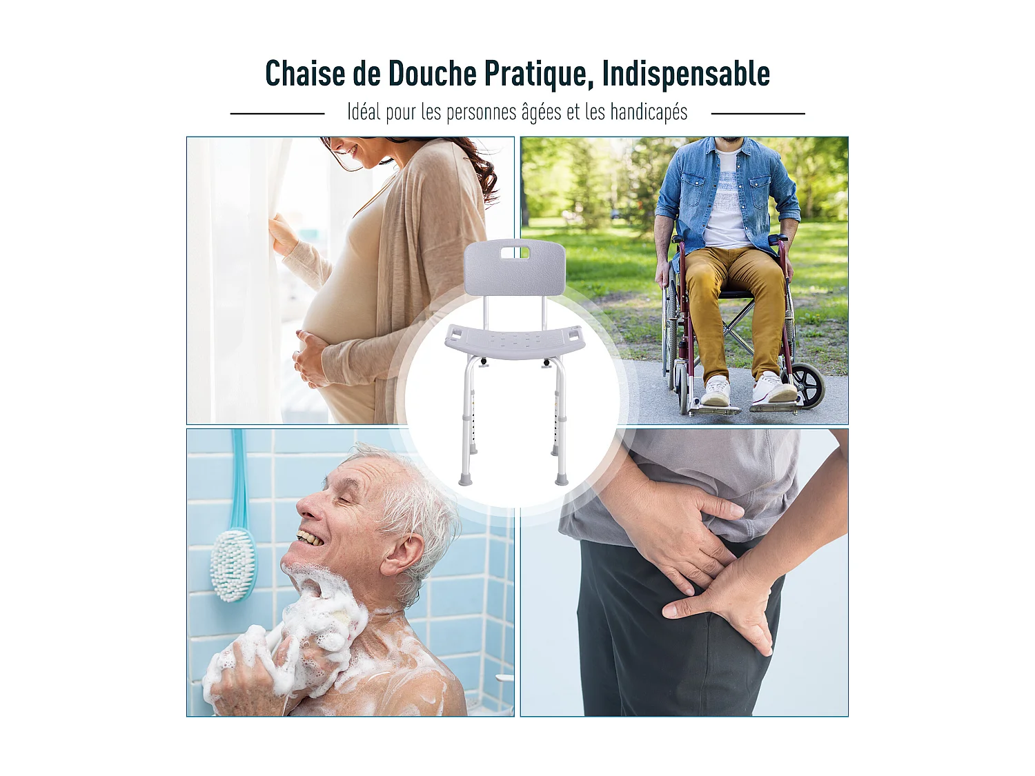 Chaise de douche siège de douche ergonomique hauteur réglable pieds antidérapants charge max. 136 Kg alu HDPE gris