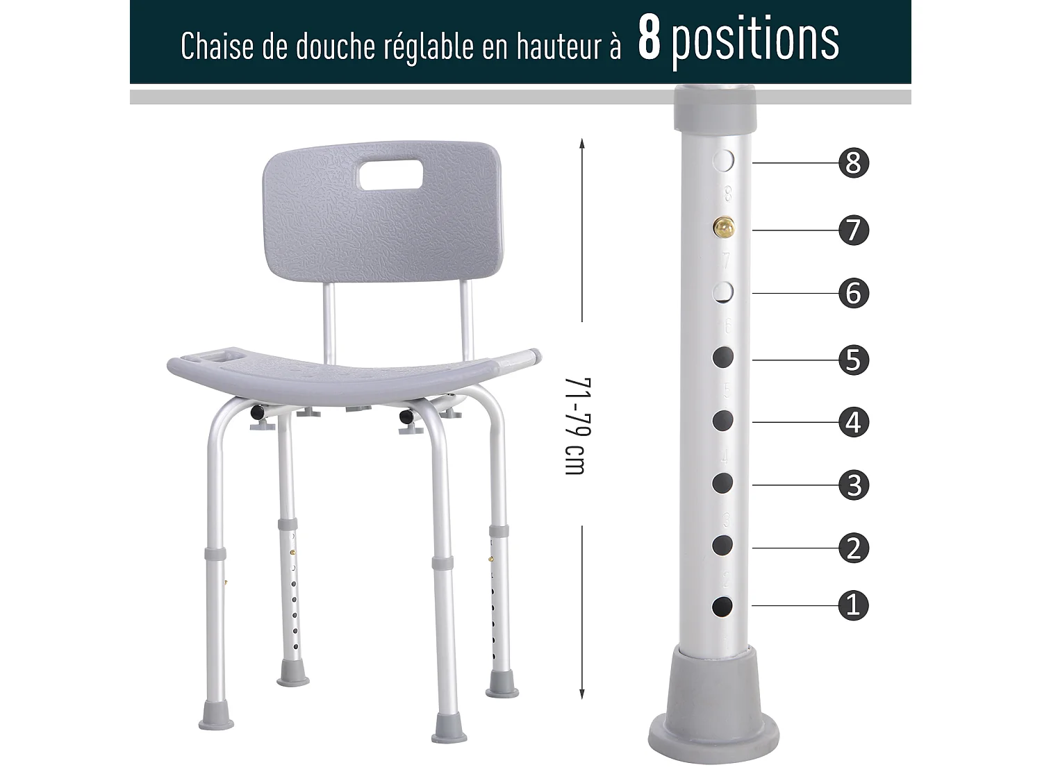 Chaise de douche siège de douche ergonomique hauteur réglable pieds antidérapants charge max. 136 Kg alu HDPE gris