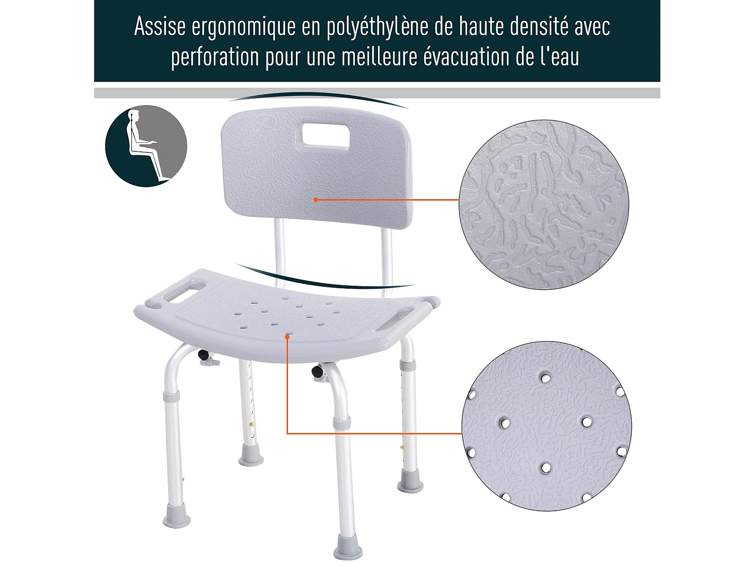 Chaise de douche siège de douche ergonomique hauteur réglable pieds antidérapants charge max. 136 Kg alu HDPE gris