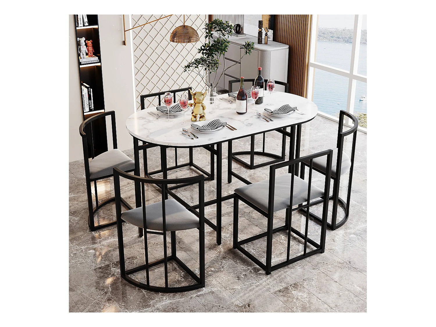 Ensemble table a manger (140x80x76 cm) + 6 chaises avec dossier en velours gris - pieds en métal noir