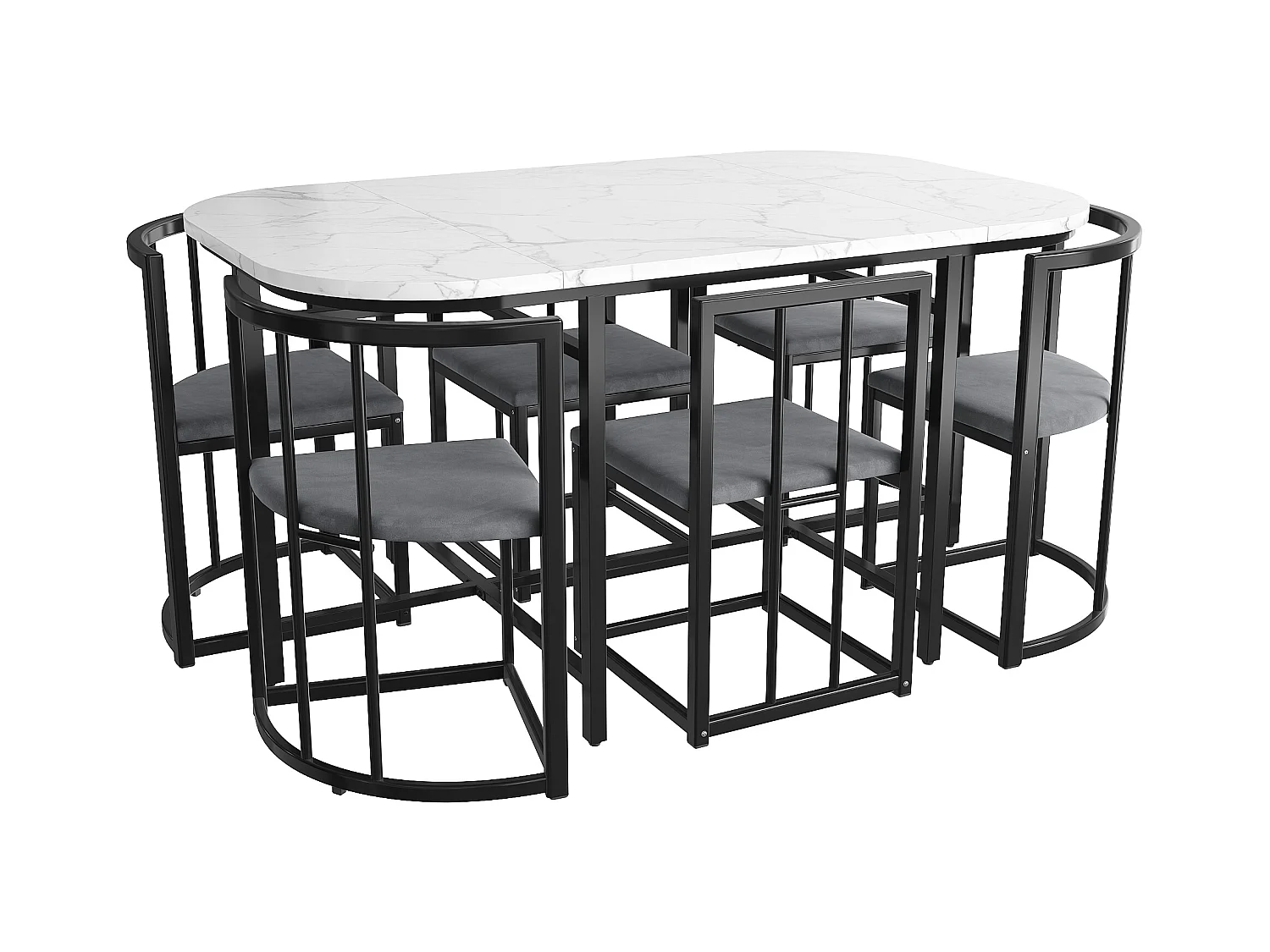 Ensemble table a manger (140x80x76 cm) + 6 chaises avec dossier en velours gris - pieds en métal noir