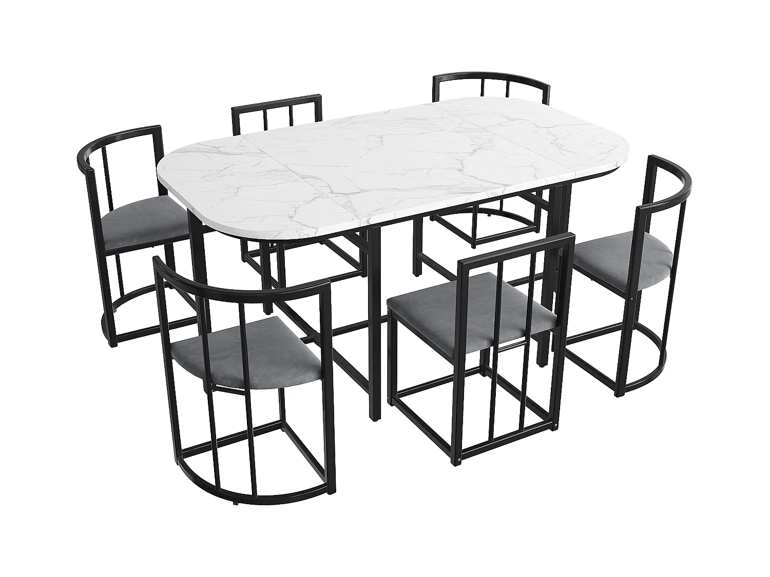 Ensemble table a manger (140x80x76 cm) + 6 chaises avec dossier en velours gris - pieds en métal noir