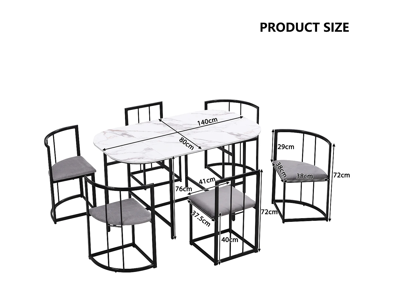 Eettafelset (140x80x76 cm) + 6 stoelen met grijze fluwelen rugleuning - zwarte metalen poten