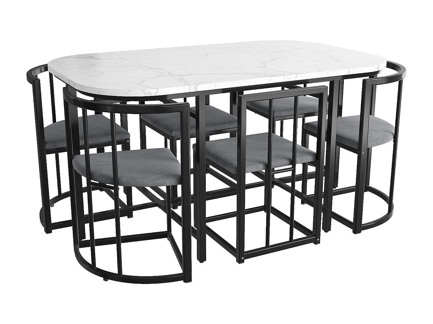 Eettafelset (140x80x76 cm) + 6 stoelen met grijze fluwelen rugleuning - zwarte metalen poten