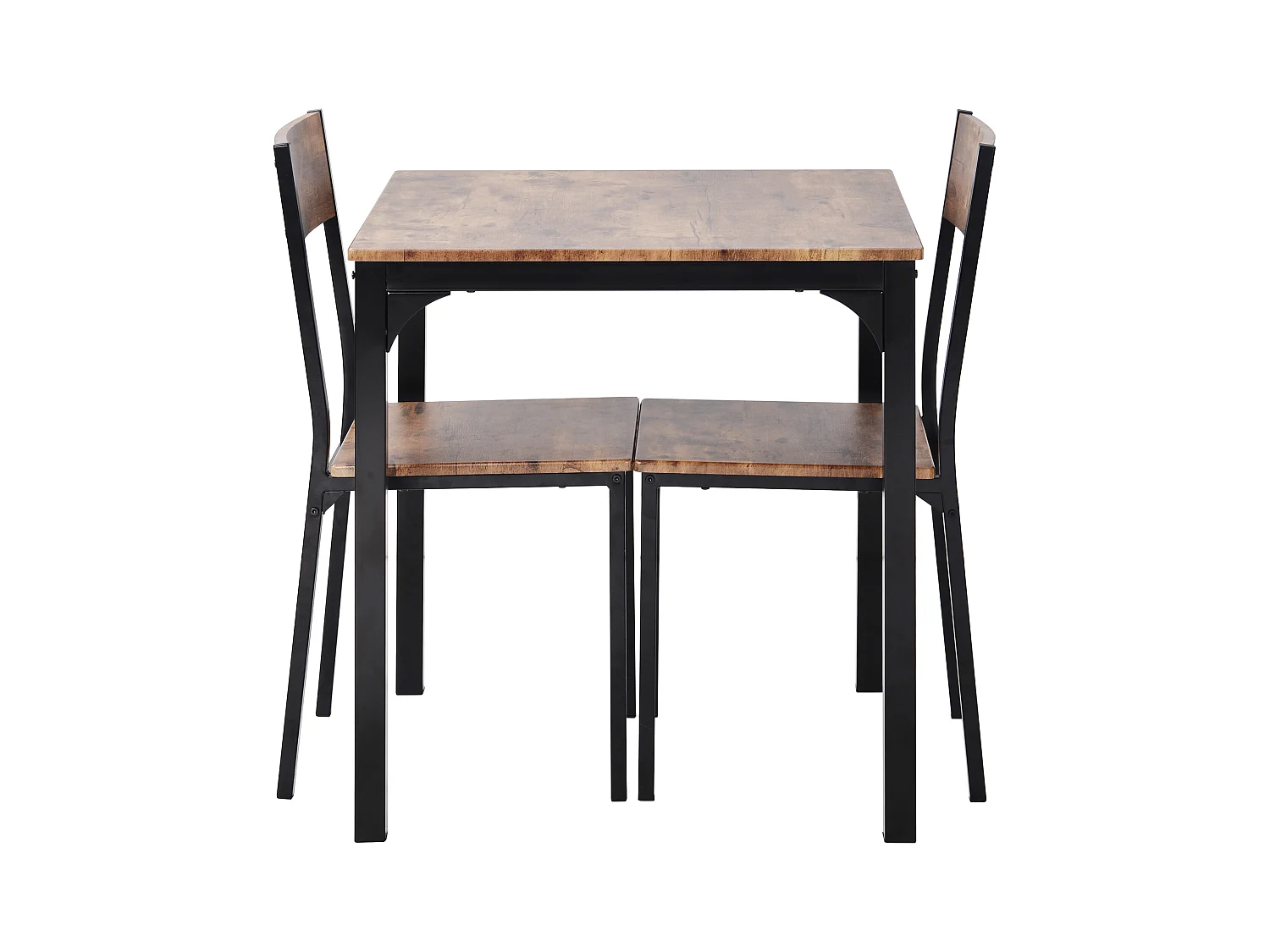 Ensemble table a manger 70x70x75 cm  + 2 chaises en bois marron - pieds en métal noir