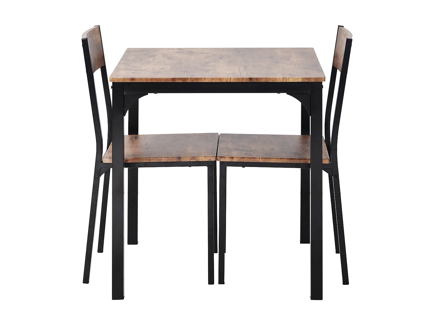 Ensemble table a manger 70x70x75 cm  + 2 chaises en bois marron - pieds en métal noir