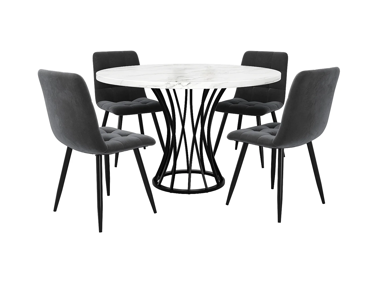 Ensemble table a manger 80x80x76 cm + 4 chaises en velours gris - pieds en métal noir